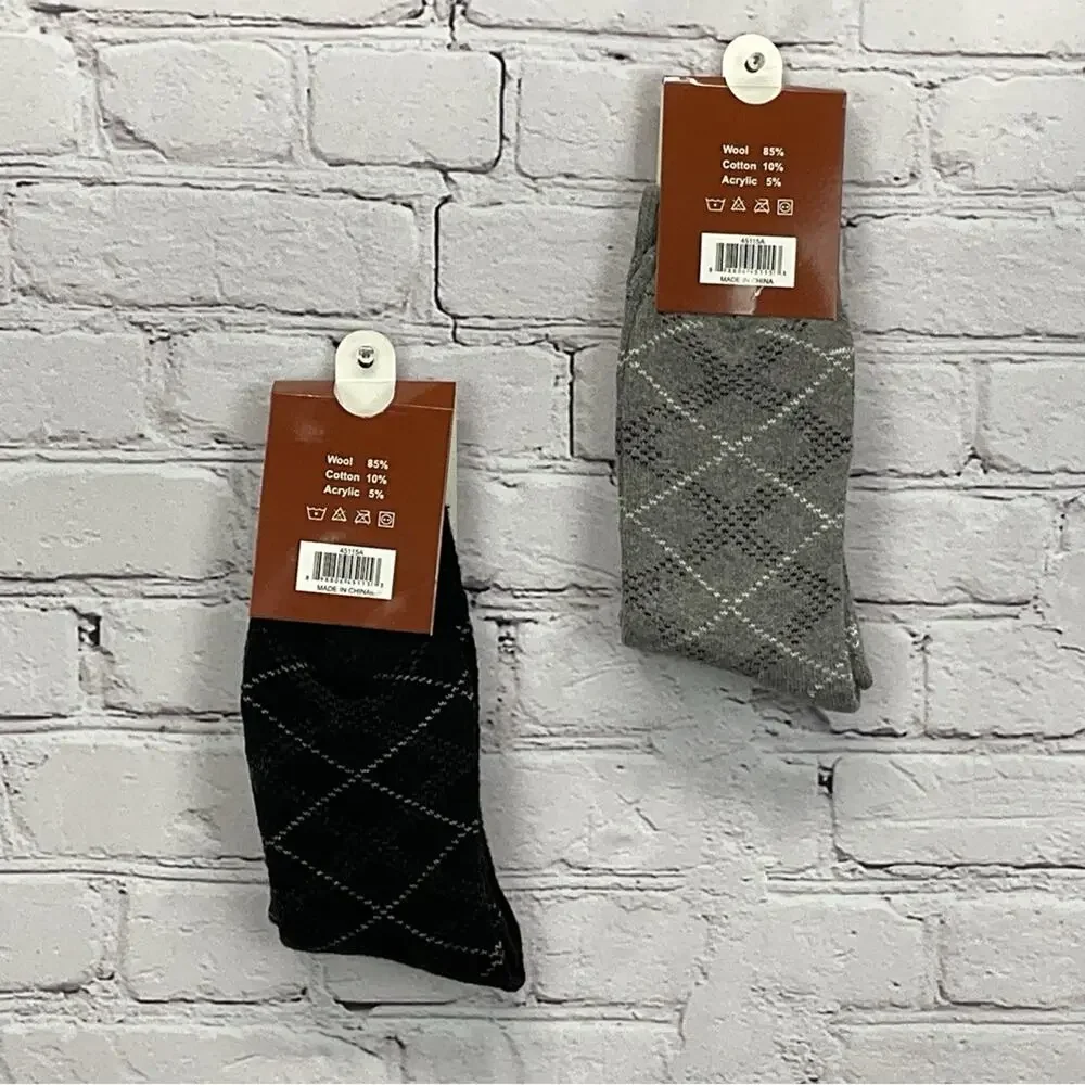Max Adams Lamb Wool Socks Mens Size 10-13 Black/Gray Diamond 2 Pair Casual Comfy